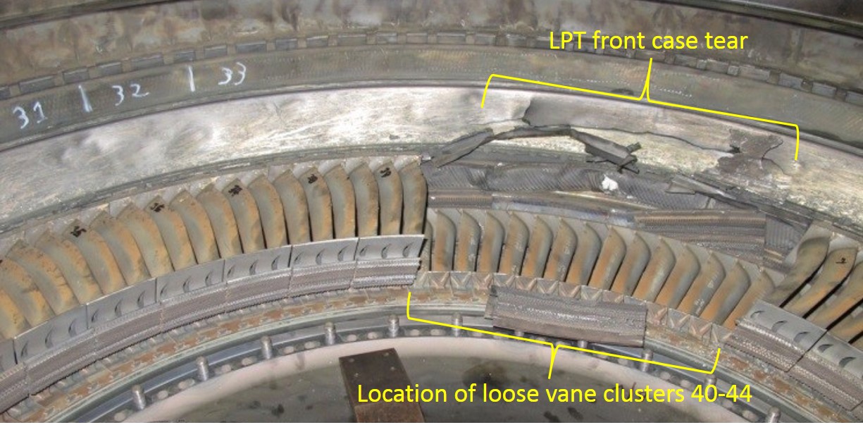 Figure 5: Case tear and the location of the loose vane clusters (vane clusters 40–44 are not present in the image)