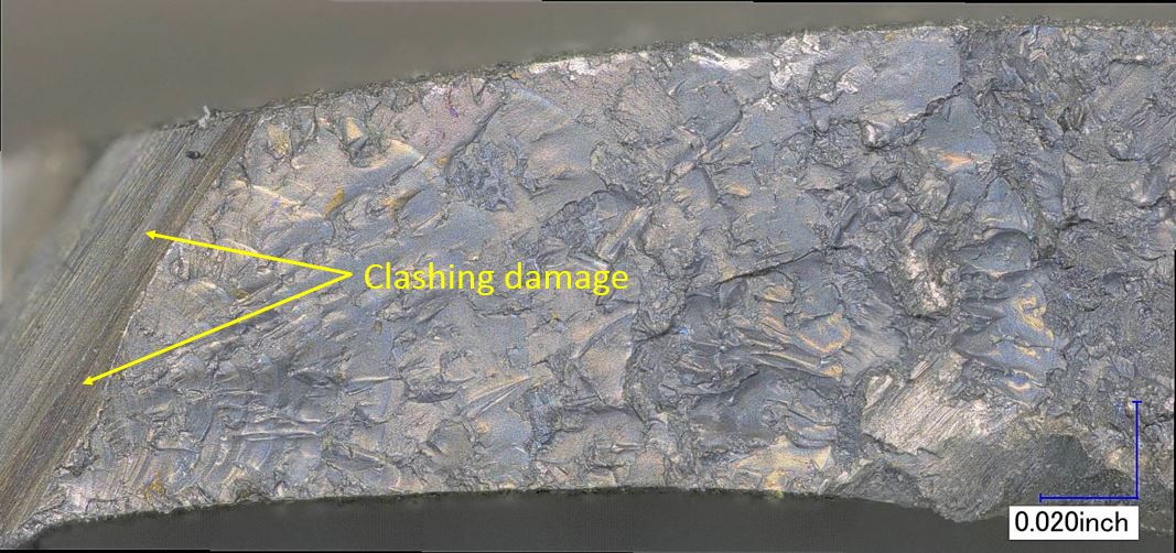 Figure 7: Blade 120 fatigue region, with leading edge clashing damage indicated on the left