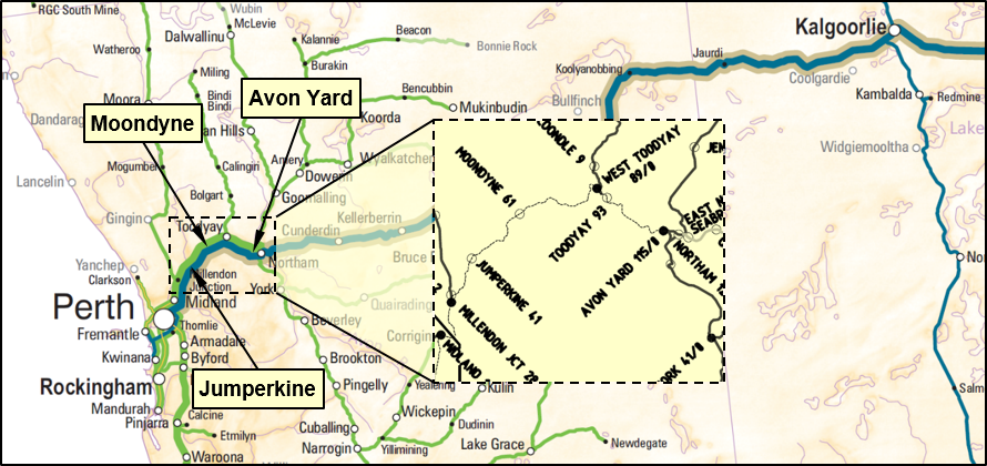 Figure 1: Location of Moondyne, Jumperkine and Millendon Junction in the Avon Valley