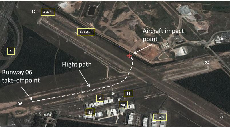 Figure 1: Caboolture Airfield overview showing a number of witness locations (highlighted in yellow and numbered 1–12) and the approximate aircraft flight path and impact point
