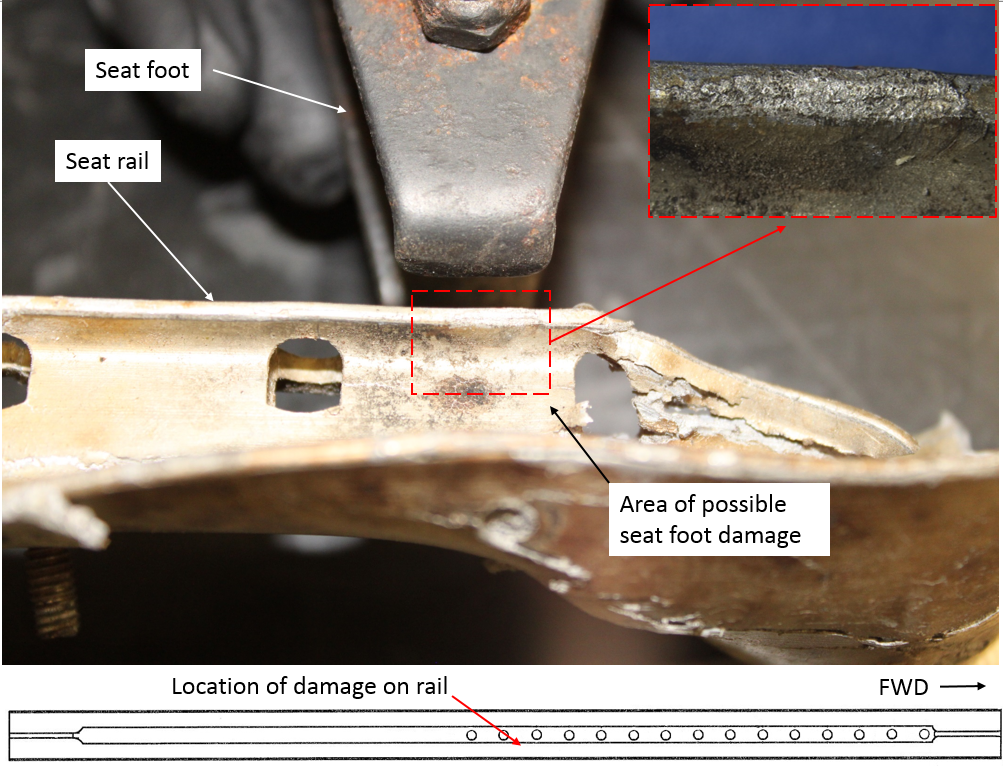 Figure 21: Pilot seat outboard rail viewed from the right side showing possible pull out damage from the seat foot and the location of the damage