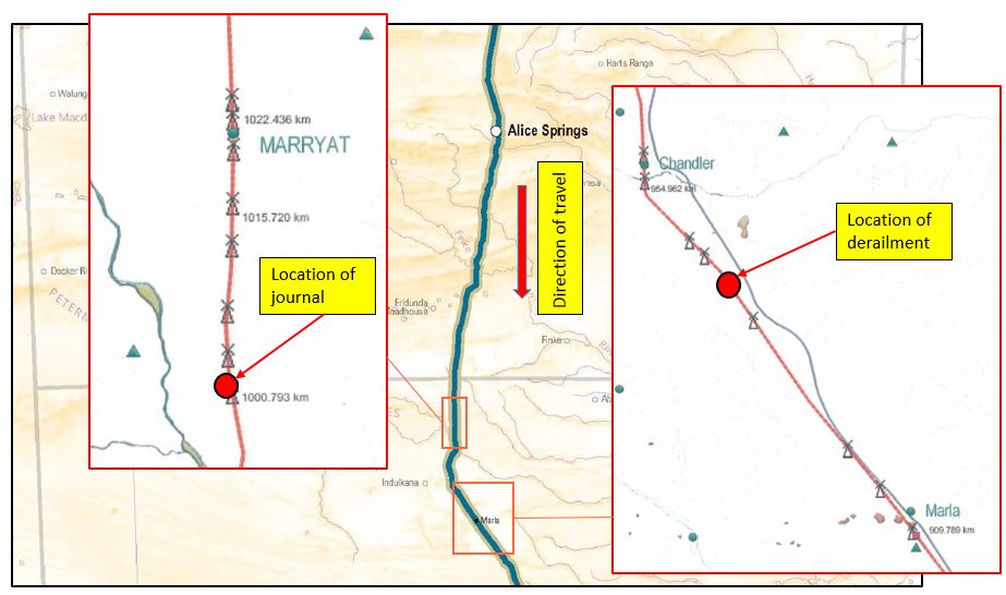 Figure 1: Map of locality of the occurrence, the journal, and the derailment site