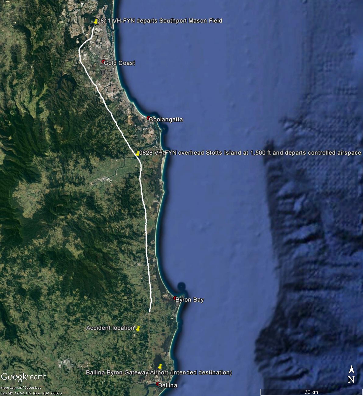 Figure 1: Radar track of VH-FYN on 16 June 2017. Radar track sourced from Airservices Australia overlaid on a Google Earth image showing the track of VH-FYN on 16 June 2017. The radar data show the aircraft take-off from Southport Masson Field and head south-east along the western VFR route to Stotts Island before tuning south towards Ballina. Also shown is the accident location approximately 13 km north-north-west of Ballina.  Source: Google Earth, modified by the ATSB