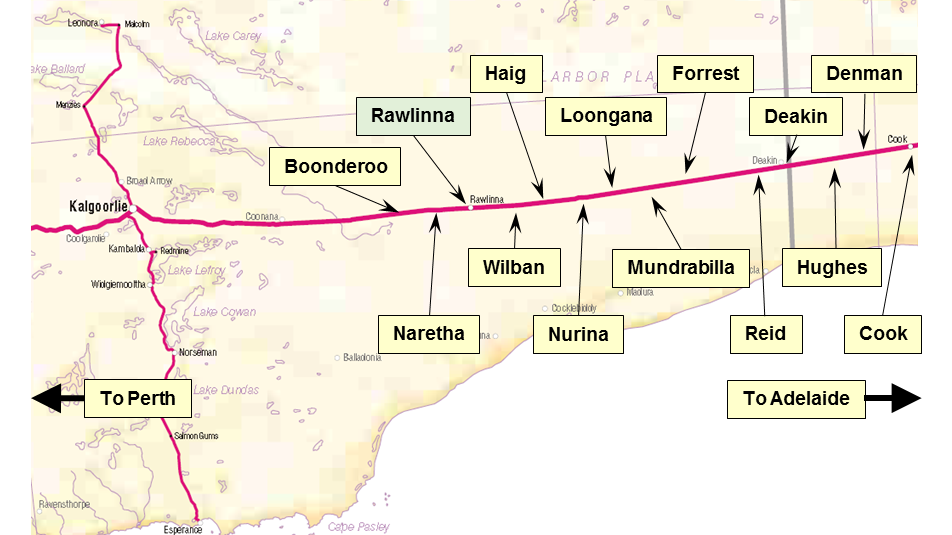 Figure 1: Location of Rawlinna crossing loop and other referenced locations