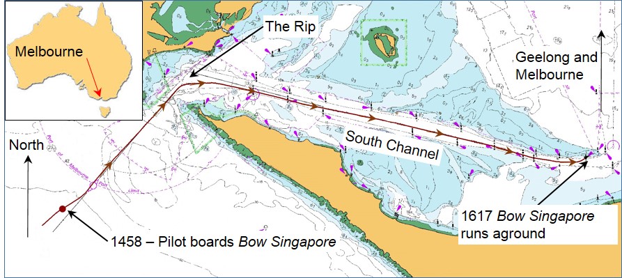 Figure 1: Section of chart AUS 158 showing the track of Bow SingaporeSource:  Australian Hydrographic Service with annotation by the ATSB