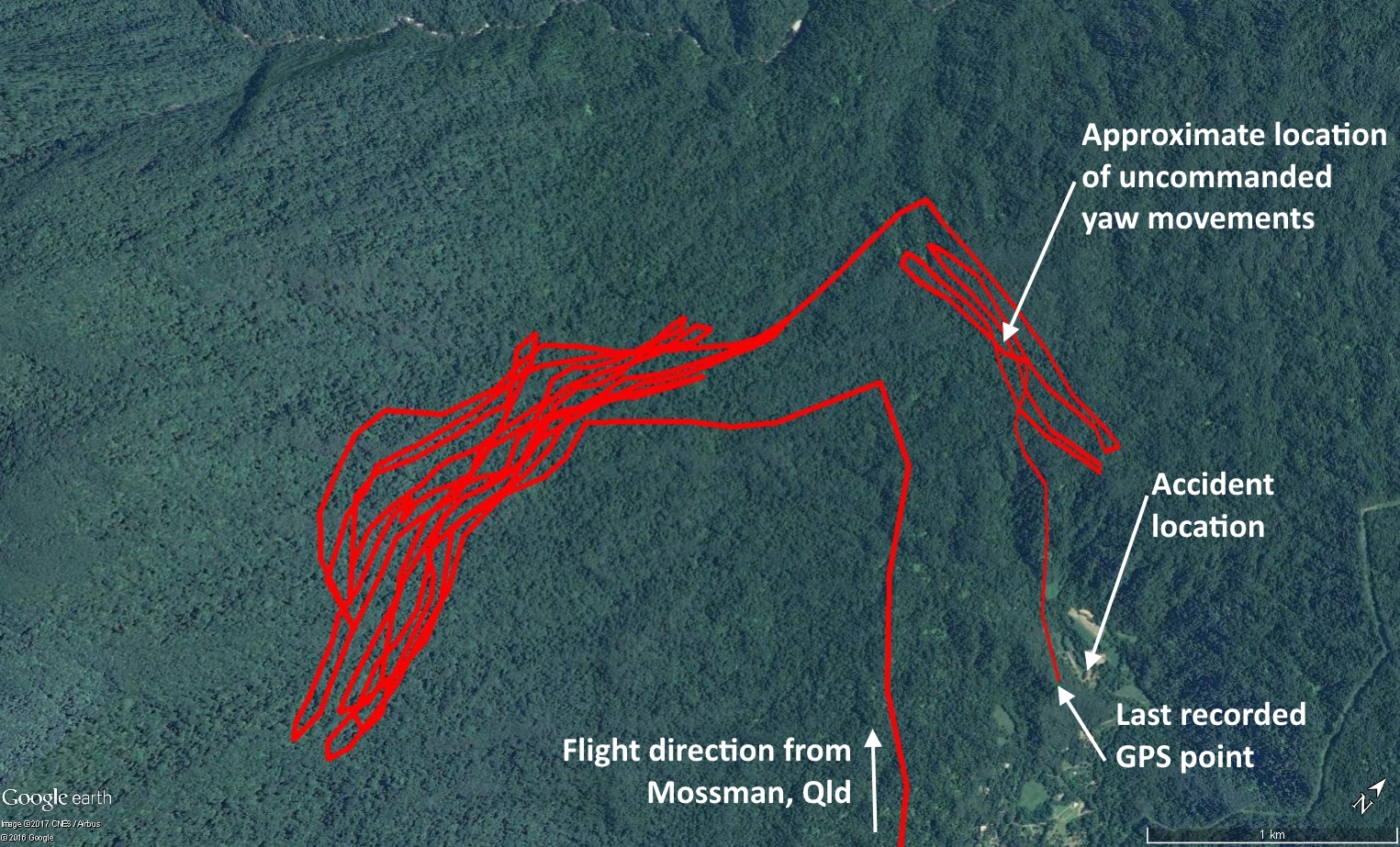 Figure 1: The helicopter’s GPS track, arriving in the area of operations, its flight path around the forested terrain in the Whynabeel valley, and the accident site.