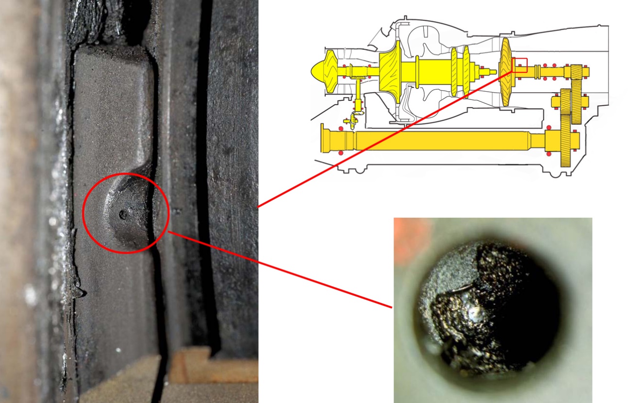 Figure 8: Close up of the blockage (circled) at the oil jet to the front bearing, as positioned in the general arrangement view