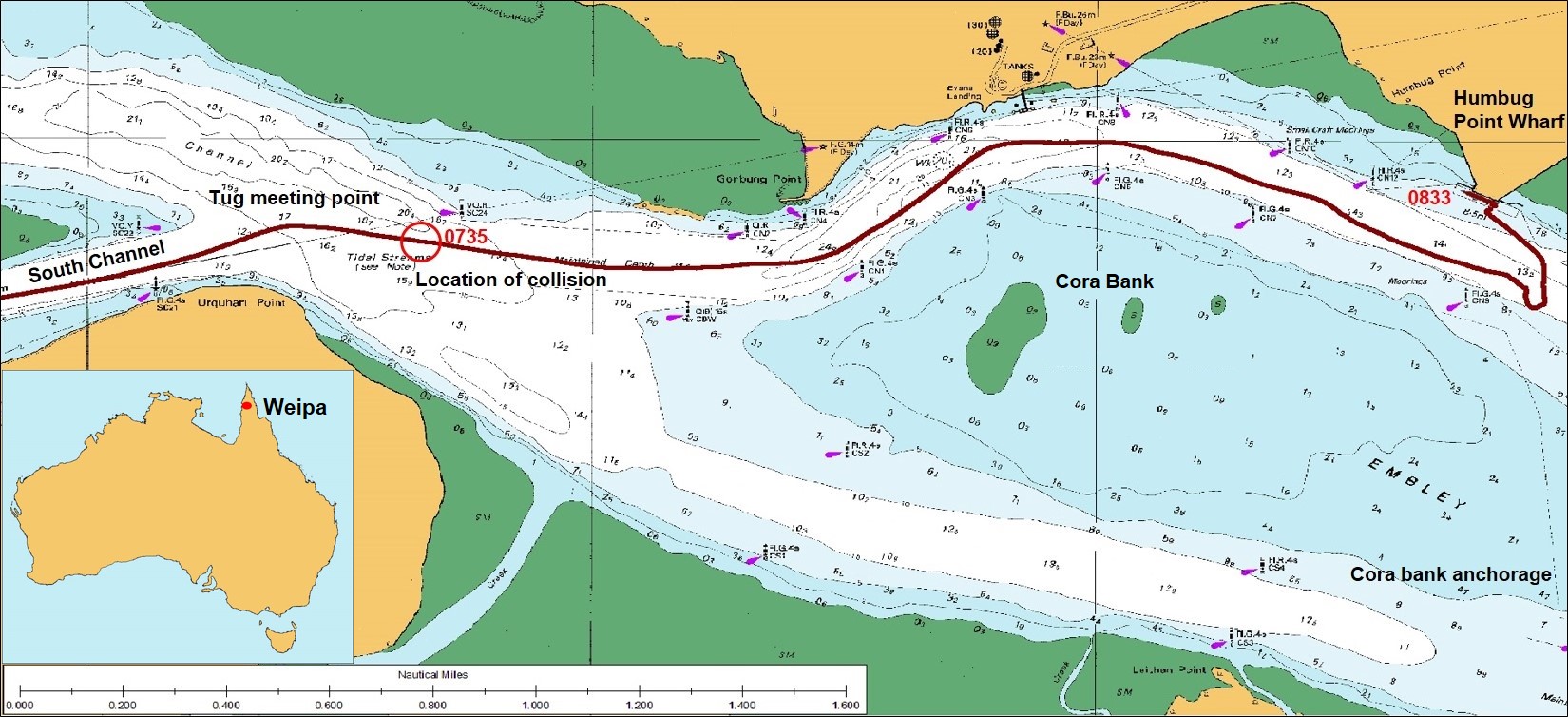 Figure 2: Section of navigational chart Aus 4 showing Thorco Crystal's track. Source: Australian Hydrographic Office, annotated by the ATSB