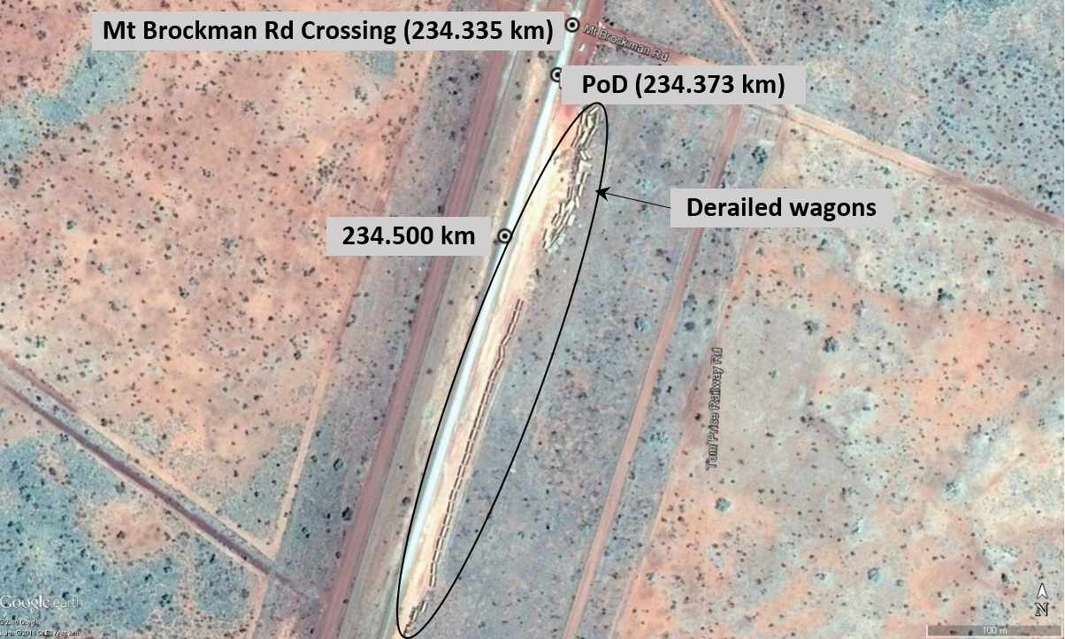Figure 3: Derailment site, near Mt Brockman Road railway crossing showing point of derailment (PoD) and location of derailed wagons. Source:  Rio Tinto, annotation by ATSB