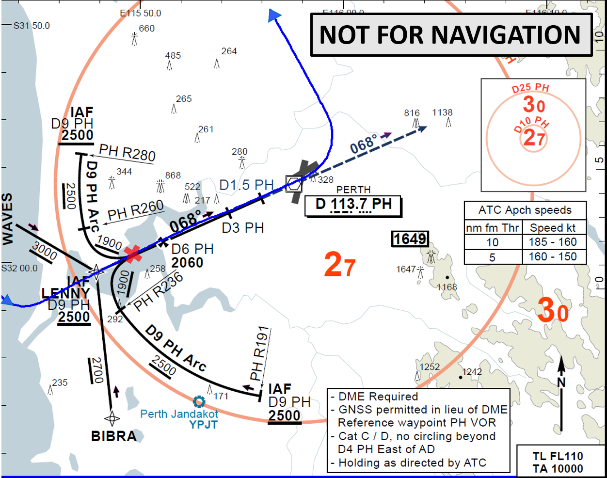 Figure B1: First runway 06 VOR approach with aircraft track (blue) and approximate location of go-around (red cross)