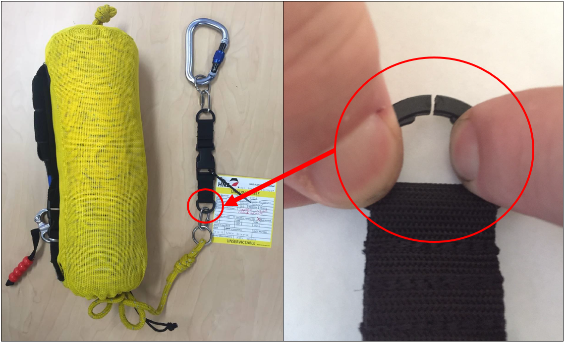 Hi-line with weak-link and carabiner (left) and fractured weak-link (right)