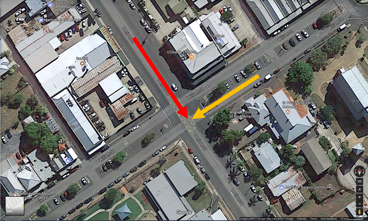 Figure 3: The level crossing intersection (the red arrow indicates the train movement and the yellow arrow indicates the movement of the road vehicle)