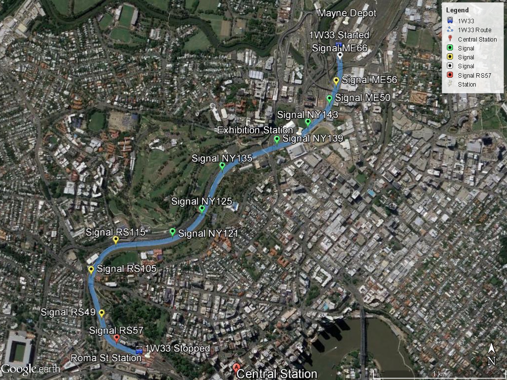 Figure 1: Train 1W33 route from Mayne depot to Roma Street Station, Brisbane, Queensland
