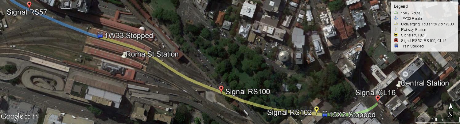Figure 3: Train 15X2 route from Central Station towards eastern entry of Roma Street Station, Platform 8