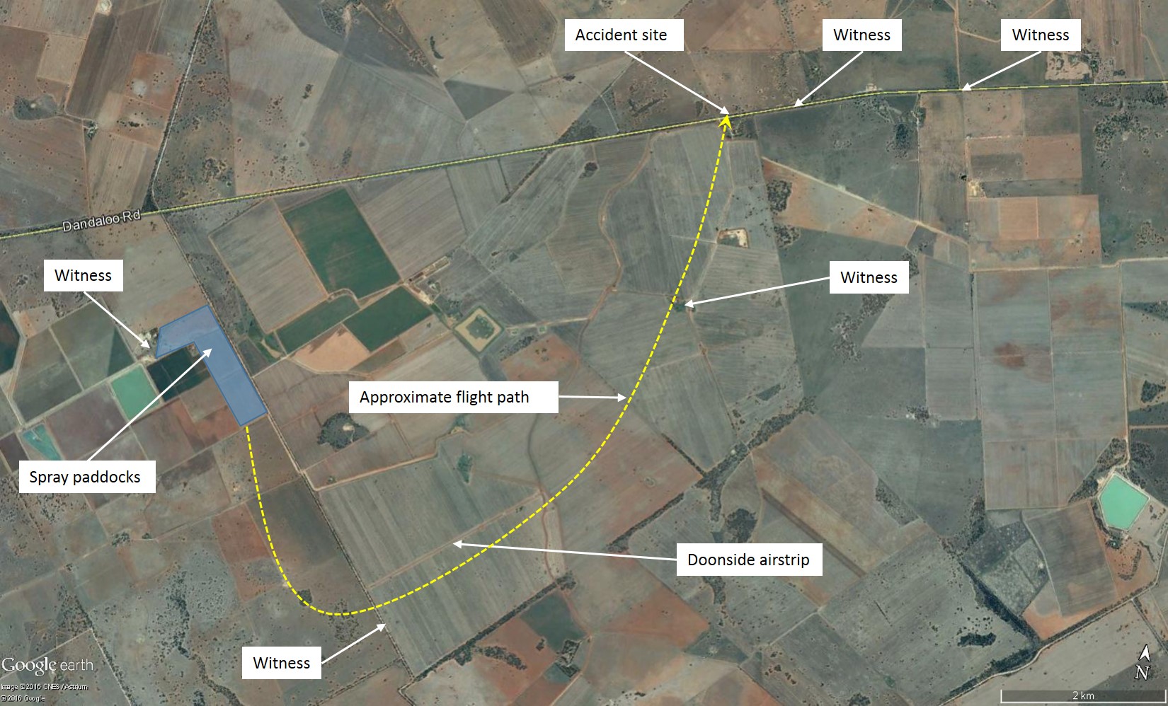 Figure 2: Location of witnesses and approximate flight path