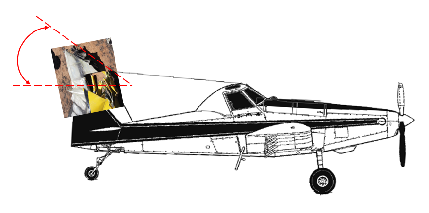 Figure 5: Side view of an AT-802 aircraft with superimposed tail and rudder showing angled crush damage