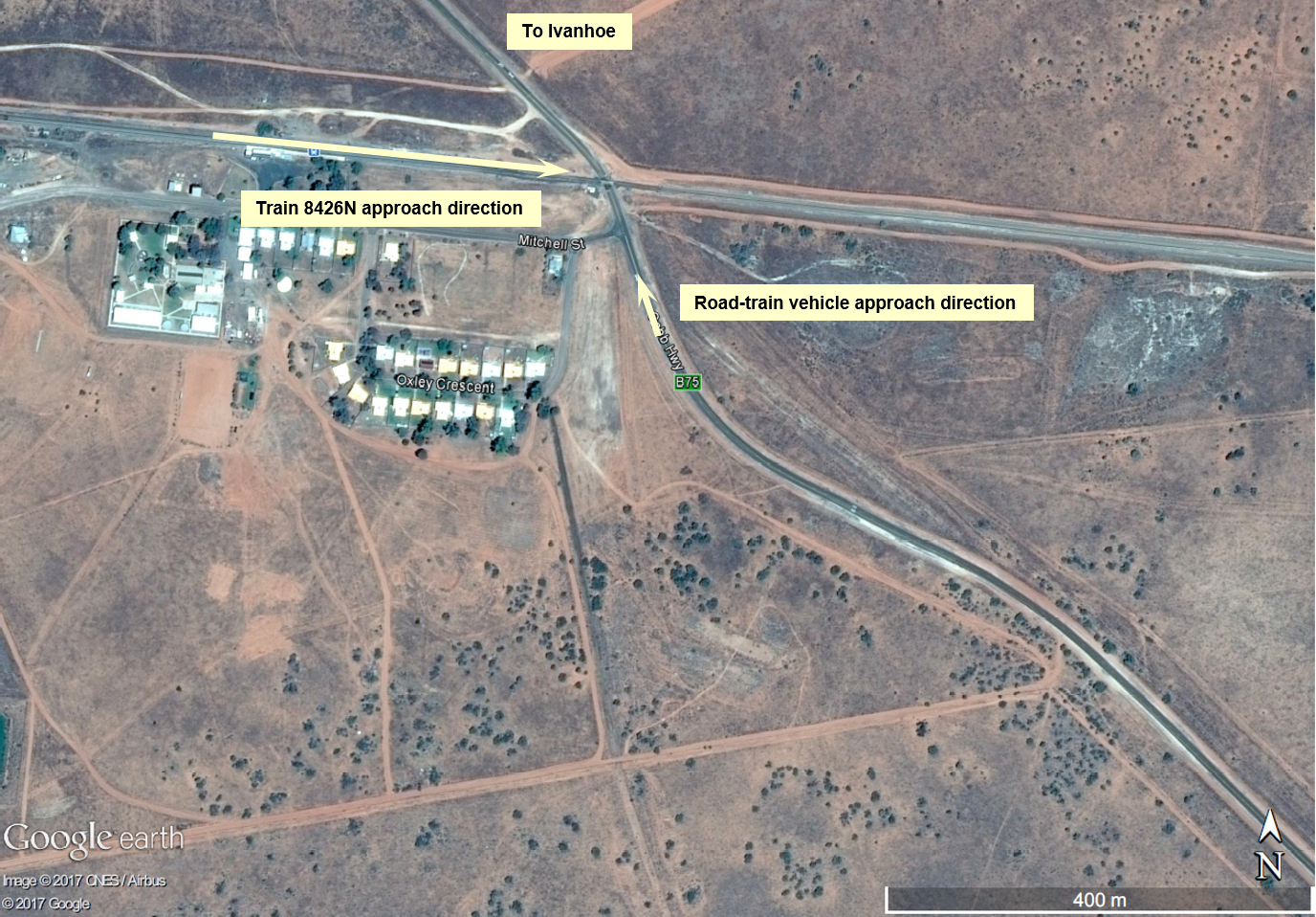 Figure 1: Aerial view of Cobb Highway level crossing and road approaches. Source: Google Earth, annotated by ATSB