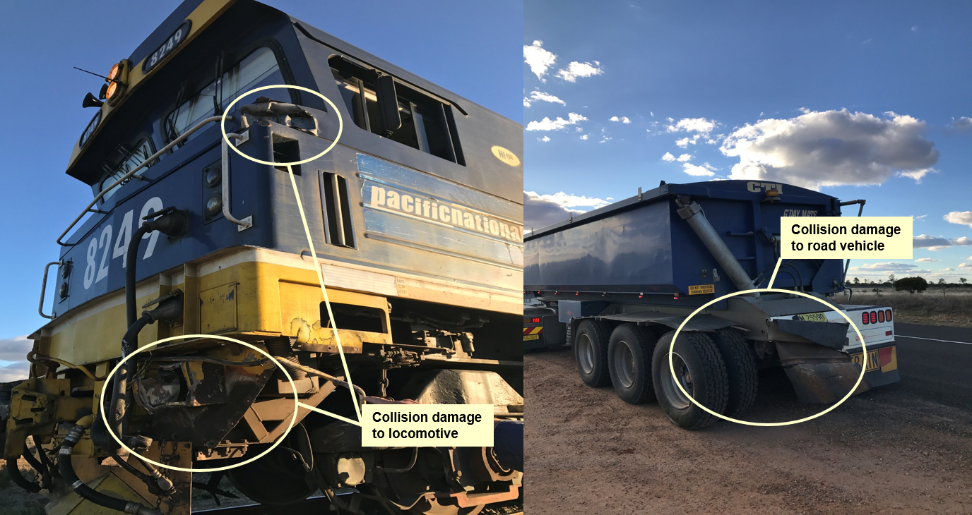 Figure 2: Collision damage to the locomotive and the last trailer of the road-train. Source: NSW Police, annotated by ATSB