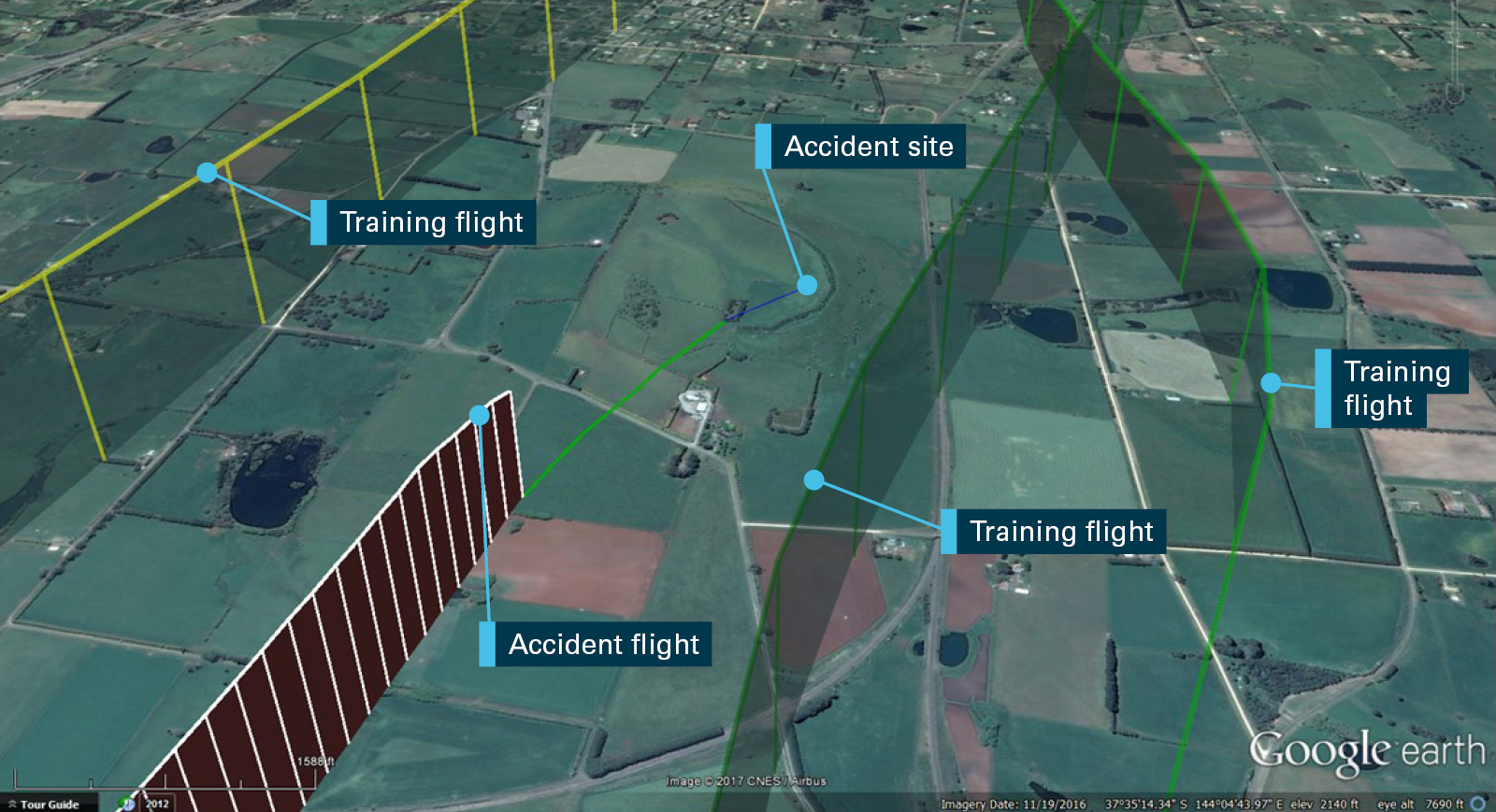 Figure 17: GPS flight track data from the accident flight and three other training flights in the area of Black Mount. Source: Google Earth, modified by the ATSB