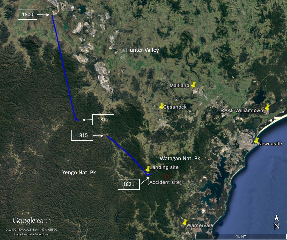 Figure 3: Radar data (in solid blue line) of the helicopter track on 7 November 2015 before the interim landing with times and accident site.