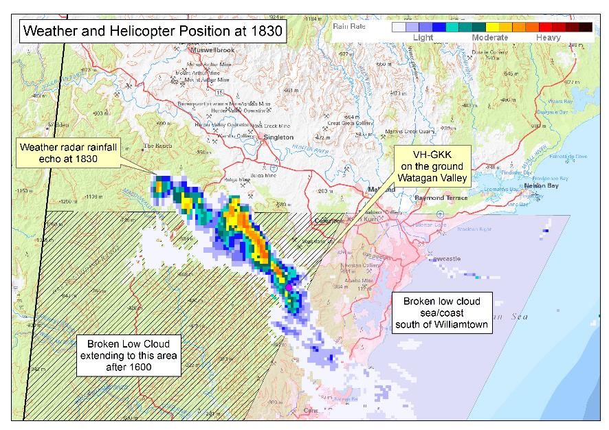 Figure 8: Composite weather image and position of VH-GKK at 1830