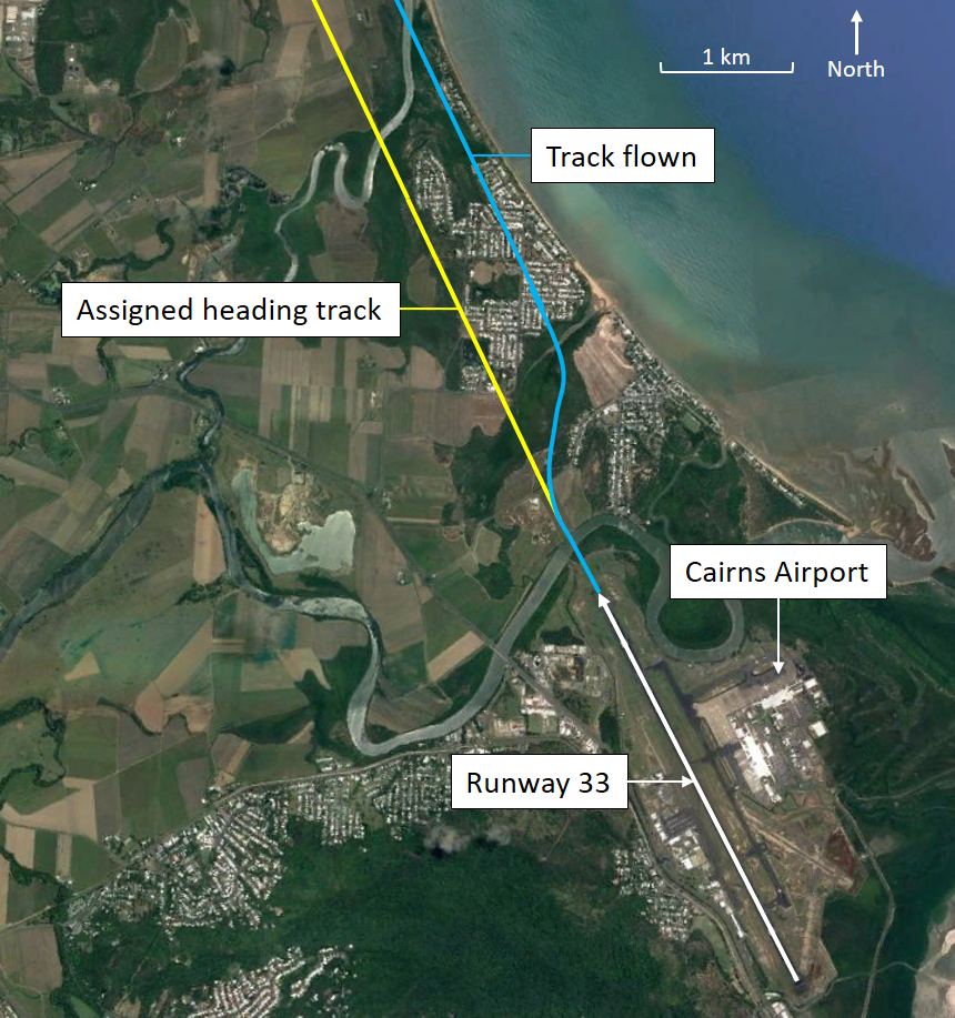 Figure 2: Overview of departure. An overview of the initial departure showing both the assigned flight path and actual flown flight path. Source: Google earth, annotated by ATSB