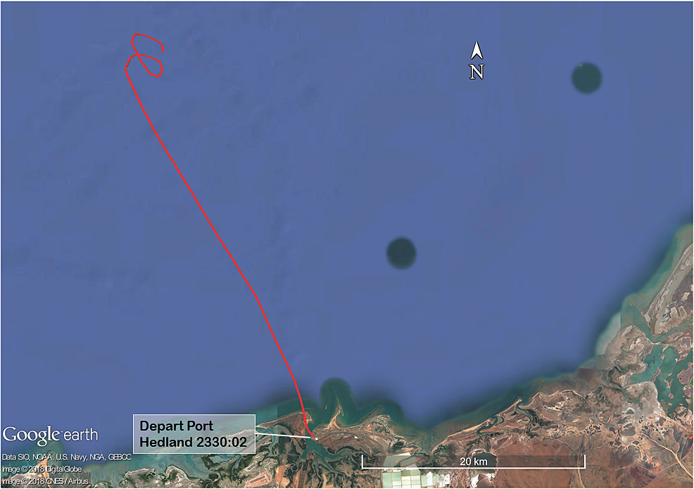 Figure 2: Ground track of the helicopter to collect the marine pilot. The helicopter was fitted with Automatic Dependent Surveillance Broadcast (ADSB equipment). That equipment enabled air traffic services and other pilots to track aircraft without using conventional ground-based radar installations. The signals transmitted by the ADSB equipment can also be received and recorded by other specialised ground-based receivers, such as those operated by flight tracking websites. Those receivers are situated at n