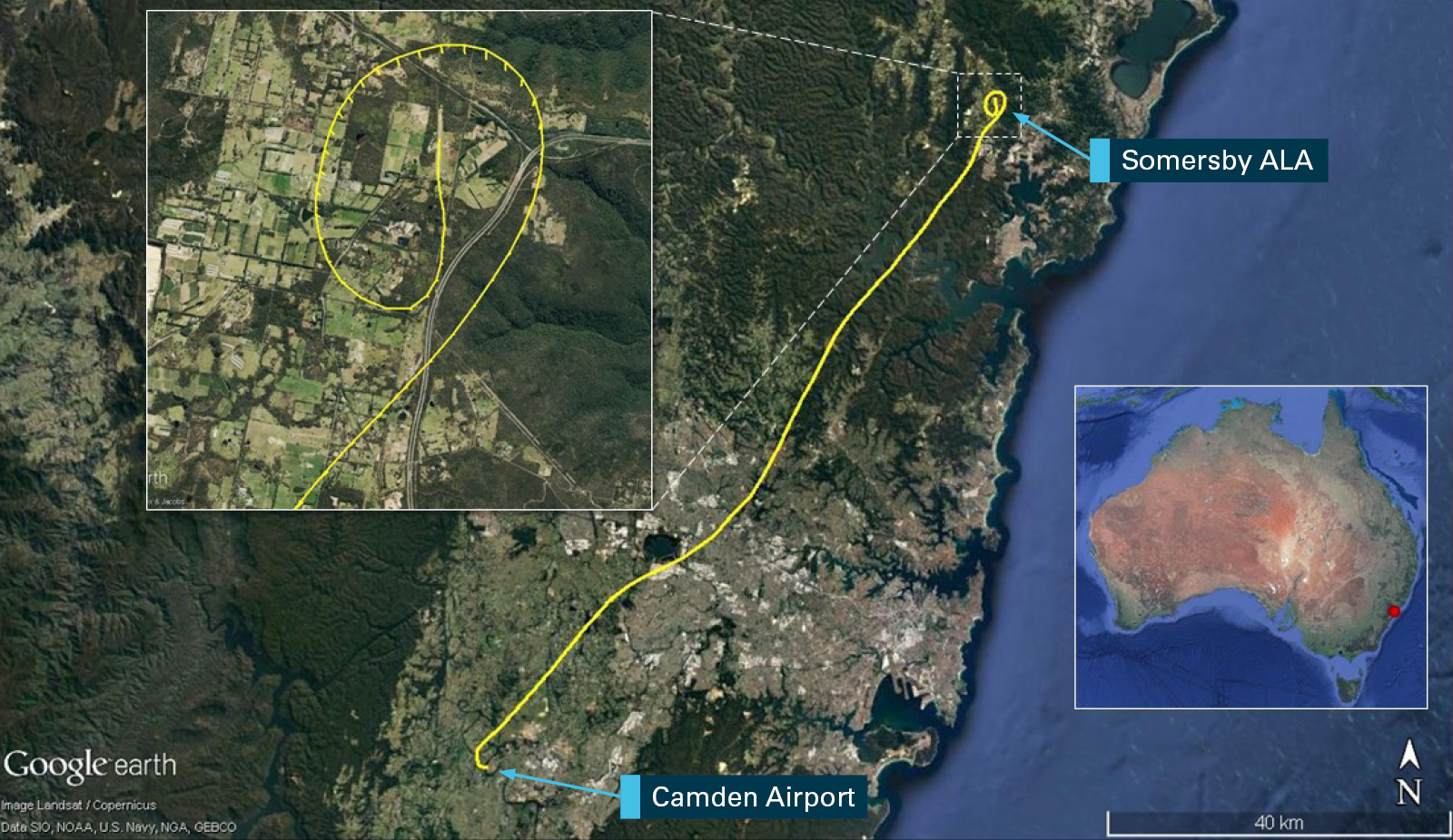 Figure 1: Flight path of VH-OAJ from Camden Airport to the Somersby ALA. Image shows OAJ’s flight path in yellow. The approach to the Somersby ALA and landing flight path are inset.<br />
Source: Google earth and OzRunways, annotated by the ATSB