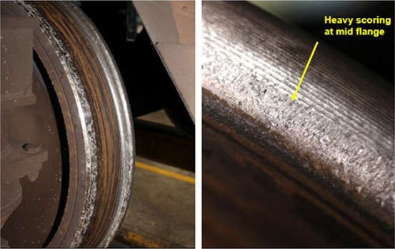 Figure 8: Views of the leading right-hand wheel of car 1305T showing observed wear.
The left-hand photograph shows a general view of the wheel’s condition. The right-hand photograph shows the heavy scoring within the throat (the tread-to-flange radius) and extending to mid-flange. The machining marks can also be seen to the outside of the scoring. This wheel was the first to derail and also exhibited ballast abrasion markings at the outer edge of its tread.
Source: ALS Industrial