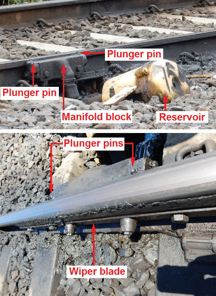 Figure 11: The rail lubricator servicing the outside rail of the Rushall curve. Source: Chief Investigator, Transport Safety (Vic)
