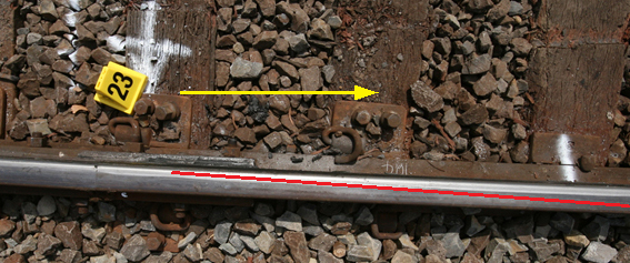 Figure 13: The Point-of-Flange-Climb and track of the wheel flange across the rail head. The photograph is annotated to show the direction of train travel (yellow arrow) and the flange track along and across the rail head (red line). Note that the point of flange-climb commenced immediately after the rail joint. Source: Chief Investigator, Transport Safety (Vic)
