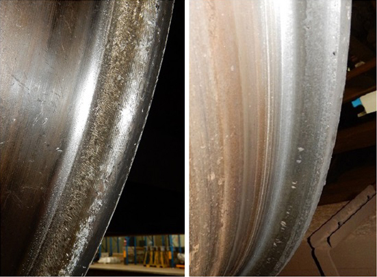 Figure 16: Comparison between derailed wheel (left) and normally worn wheel (right). This image depicts the difference between the surface condition of the derailment wheel (left) and a typical worn wheel (right). The derailment wheel shows heavy scoring within the throat (the tread-to-flange radius) and residual machining grooves, compared to the relatively smooth finish on the normally-worn wheel.<br />
Source: Chief Investigator, Transport Safety (Vic)