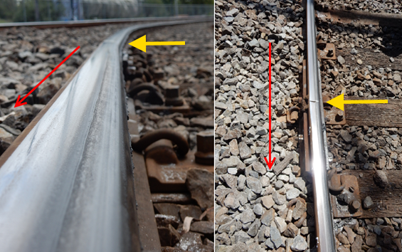Figure 19: The outside rail and the lateral angular discontinuity at the mechanical joint. The photograph is annotated to show the direction of train travel (yellow arrow) and the flange track along and across the rail head (red line). Note that the point of flange-climb commenced immediately after the rail joint.<br />
Source: Chief Investigator, Transport Safety (Vic)