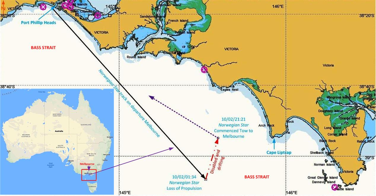 Figure 1: The track of Norwegian Star from Port Phillip Bay until its loss<br />
of propulsion, and its drift before being towed back to Melbourne. Source:  Australian Hydrographic Office ENC Charts AU 439144 and 439145 [Inset: Google Map of Australia], with annotations by Chief Investigator, Transport Safety