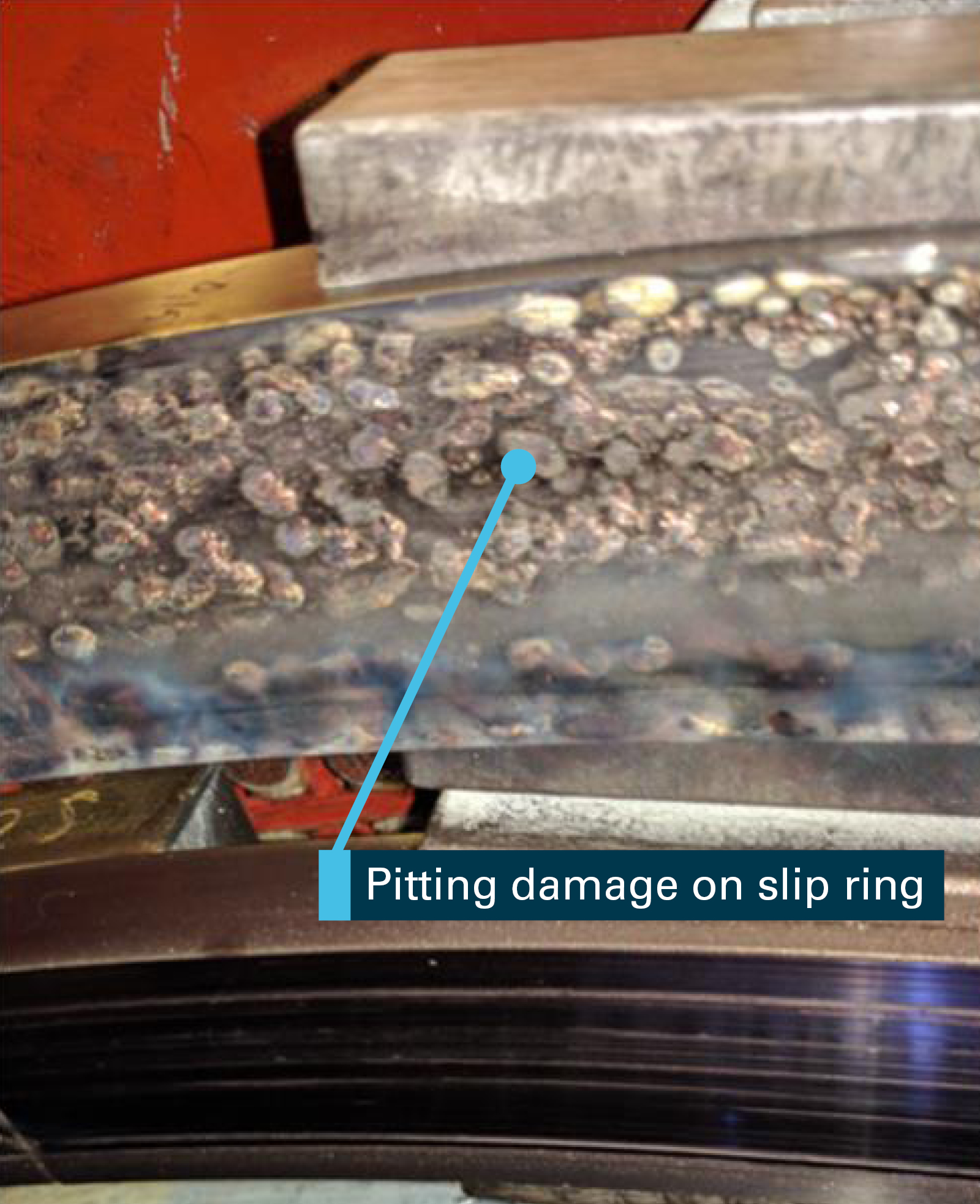 Figure 6: Arcing damage on the outer slipring. Source:  ABB Industry Oy with annotations by Chief Investigator, Transport Safety