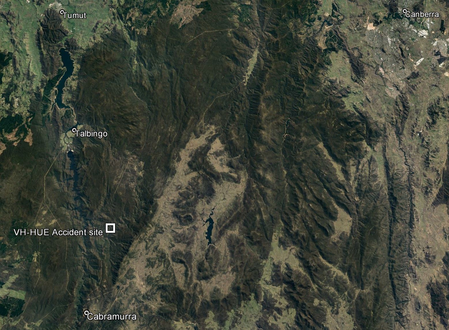 Figure 1: Accident location of VH-HUE. Accident site location approximately 24 km SSE of Talbingo Township. Source: Google Earth