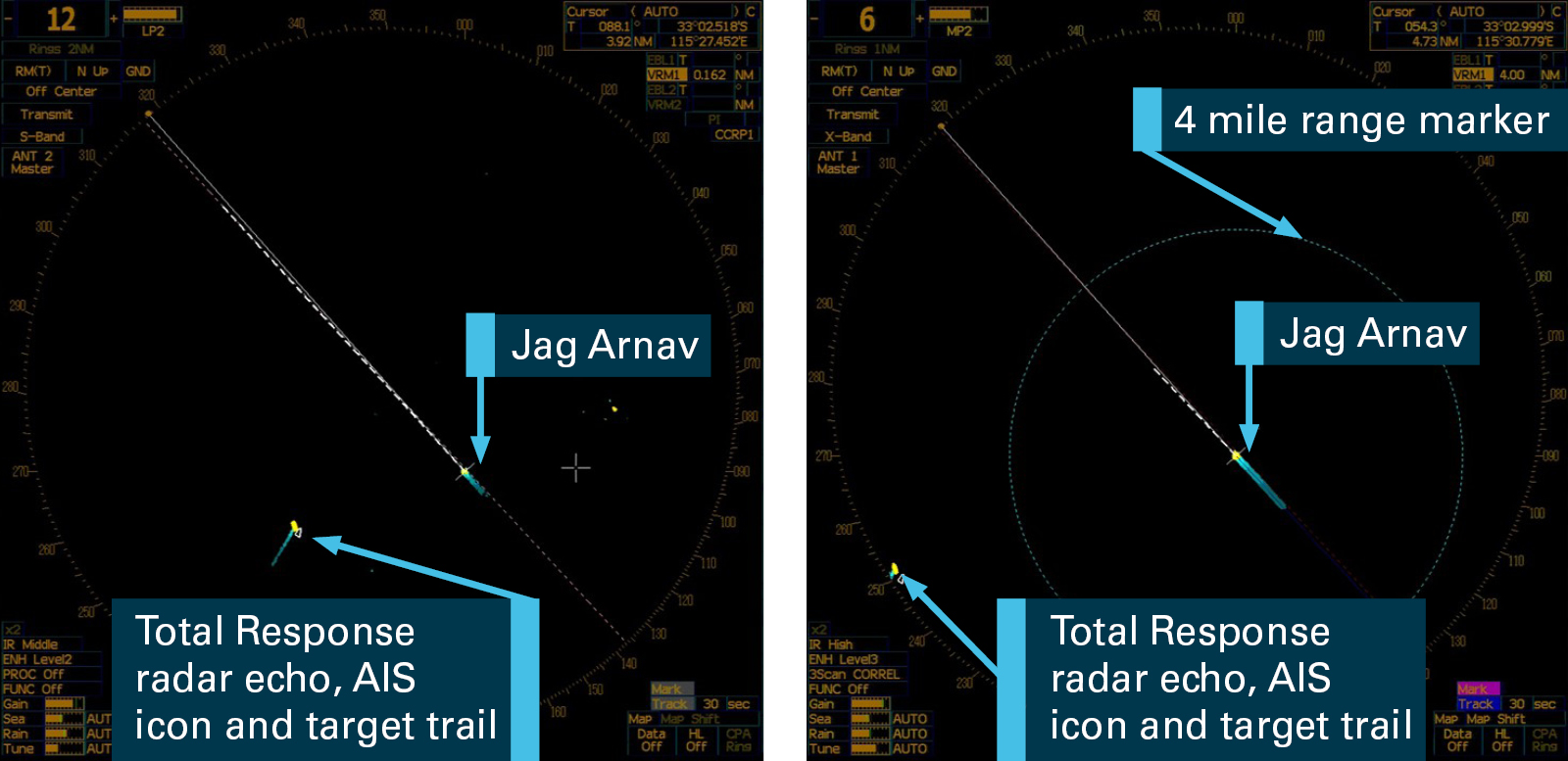 Figure 4: Images of Jag Arnav's s-band (L) and x-band (R) radars at 1103. The images show Jag Arnav’s s-band radar set on a 12 NM range scale and the x-band radar set on a 6 NM range scale. 
Source: Jag Arnav’s voyage data recorder (VDR), annotated by the ATSB