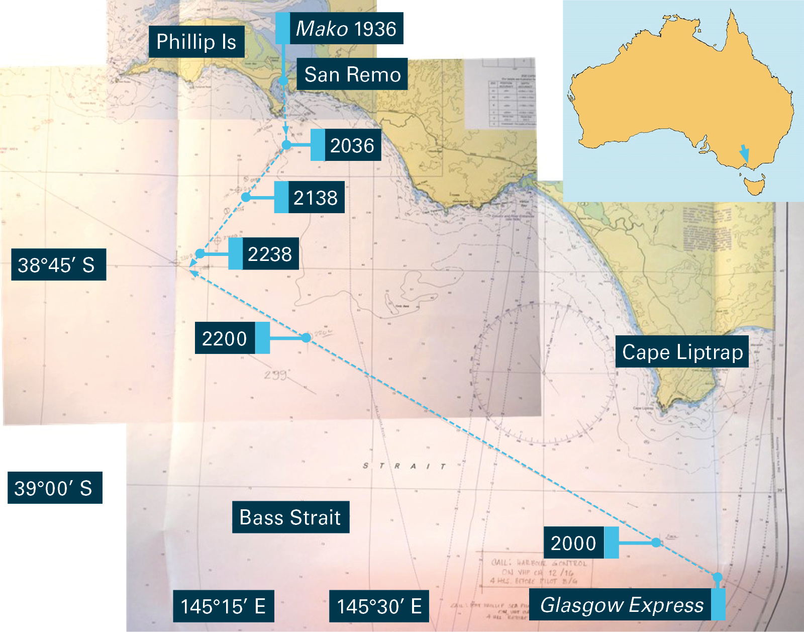 Figure 3: Composite excerpt of Glasgow Express’s navigational chart (Aus 801) showing vessel tracks to collision. Source: Hapag-Lloyd; Australian Hydrographic Service; annotations by ATSB