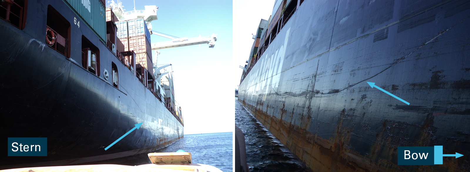 Figure 6: Scratches along the side of Glasgow Express. Source: Hapag-Lloyd; annotations by ATSB.