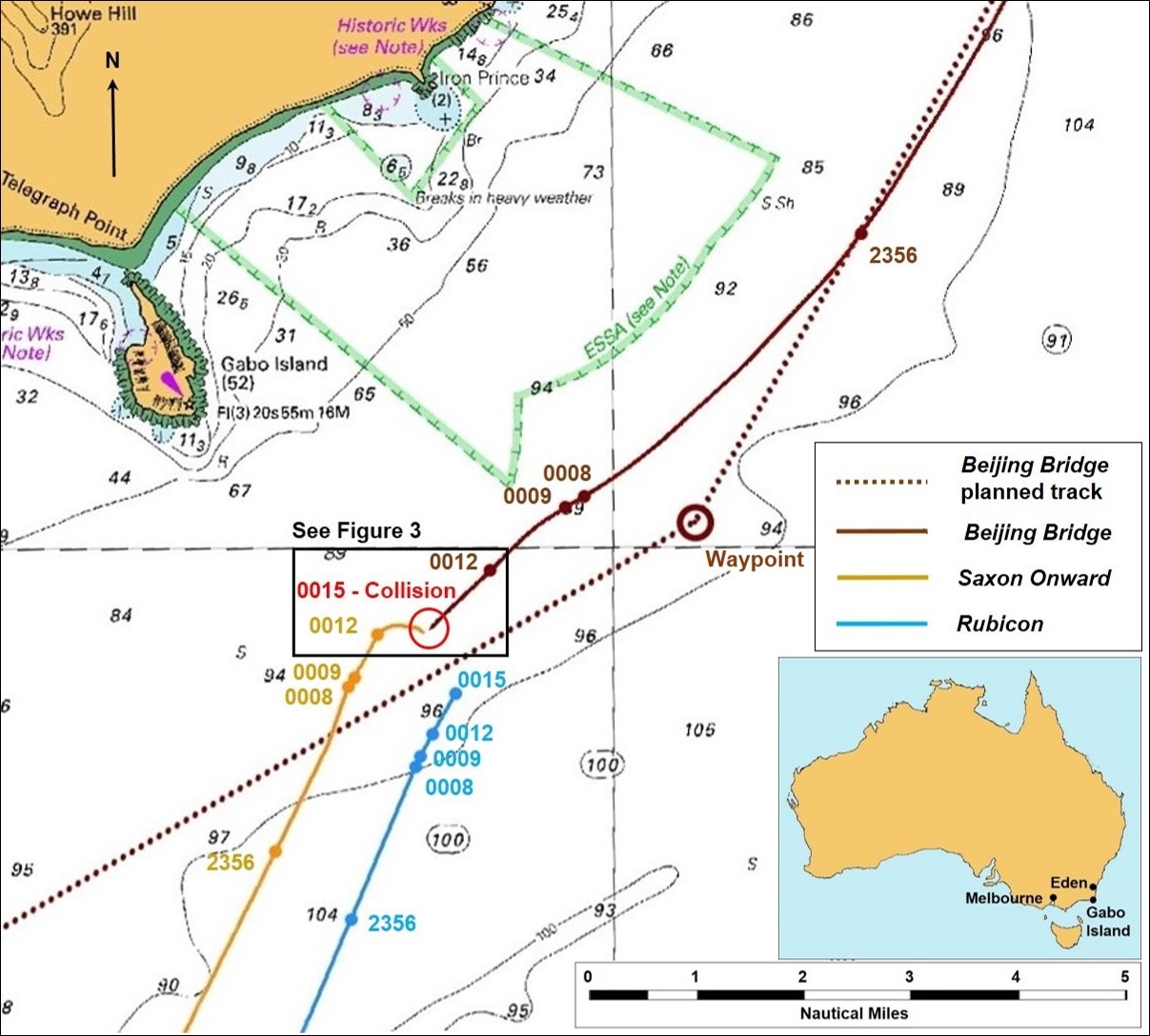 Figure 2: Section of navigational chart Aus 395 showing times of key events. Source: Australian Hydrographic Service, modified by the ATSB