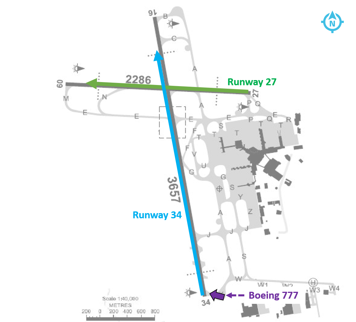 Figure 1: Melbourne Airport diagram with runways&nbsp;27 and 34 indicated (green and blue respectively) and the location where the&nbsp;B777 entered runway&nbsp;34 indicated by a purple arrow. Source: Airservices Australia, modified by the ATSB