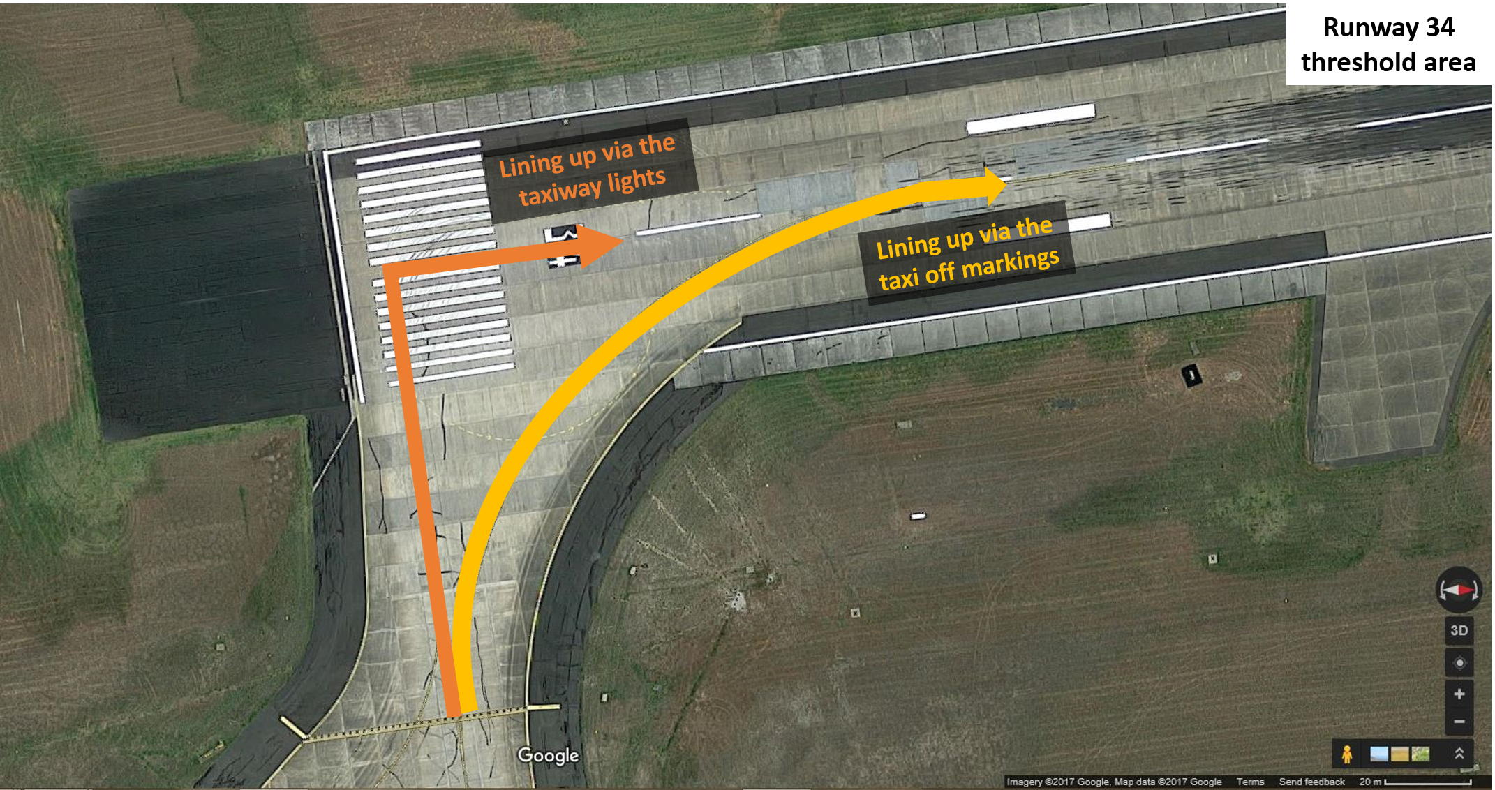 Figure 4: Threshold of runway&nbsp;34 at Melbourne Airport, showing the curved line-up track in yellow, and the track in orange that follows the taxiway lighting. Source: Google Maps, modified by the ATSB