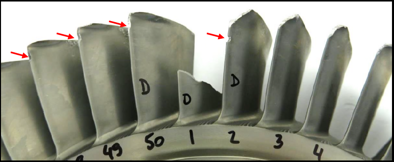 Figure 2: Boost rotor showing missing aerofoil and surrounding damage. Source: Pratt &amp; Whitney Canada