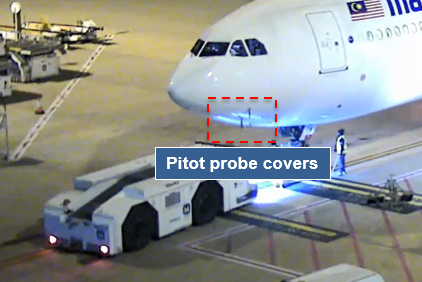 Figure 1: Aircraft about to be pushed back with pitot covers in place (two of three visible). Source: Brisbane Airport Corporation. Image annotated by ATSB.