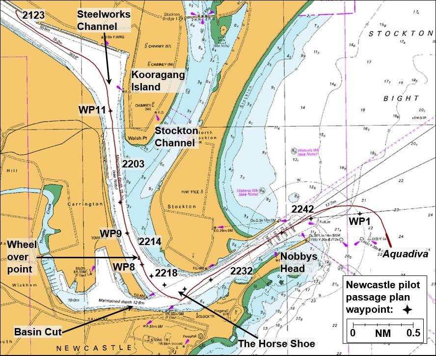 Figure 2: Extract from navigational chart Aus 207 showing Aquadiva’s track departing Newcastle; position times and port waypoints (WP) indicated. Source: Australian Hydrographic Service; annotations by ATSB