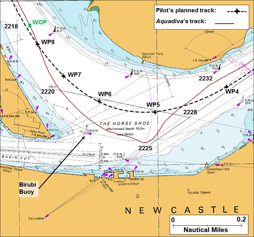 Figure 3: Extract from navigational chart Aus 208 showing Aquadiva’s track through The Horse Shoe. Source: Australian Hydrographic Service; annotations by ATSB