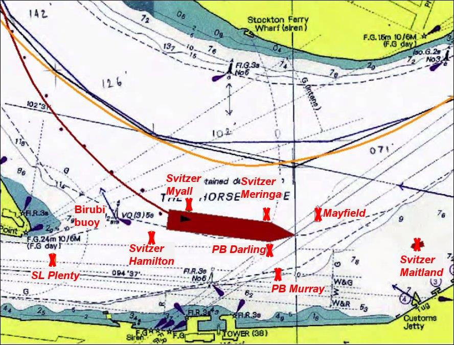 Figure 4: Relative positions of Aquadiva and tugs at 2223. Yellow line indicates the track followed by FPMC B Justice. The blue lines join passage plan waypoints.<br />
Source: Australian Maritime Safety Authority and ATSB