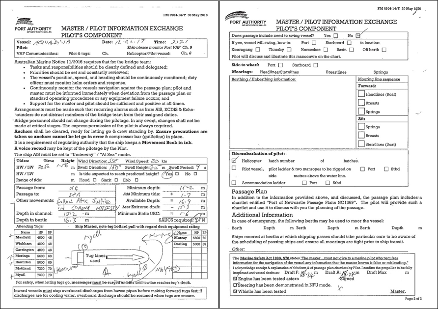 Appendix C – Master / pilot information exchange (MPX) document, pilot’s component. Source: Port Authority of New South Wales
