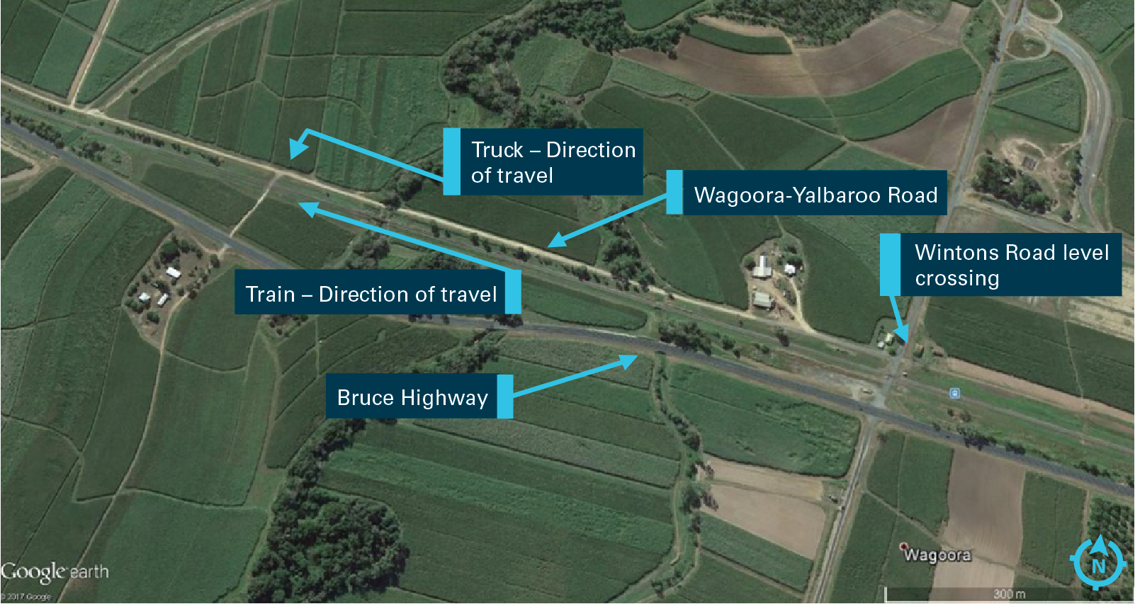 Figure 1: Aerial view of the level crossing approach and road alignment. The truck was travelling west along Wagoora-Yalboroo Road before turning left towards the railway crossing and the Bruce Highway. The train was also travelling west, parallel to the road. Source: Google Earth, annotated by ATSB