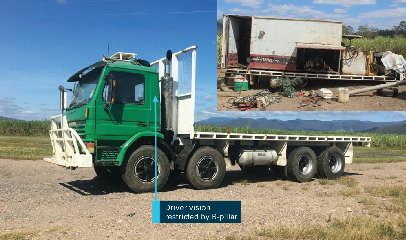 Figure 4: Road vehicle. The vehicle was a 1983 Scania model P112 series 2, twin-steer truck fitted with a flat tray body. The vehicle was loaded with a storage container, fuel tank and air compressor (inset). Note that under some conditions, it is very likely the truck driver’s vision to the left may be restricted due to the vehicle’s B-pillar. Source: Qld Police, Annotated by ATSB